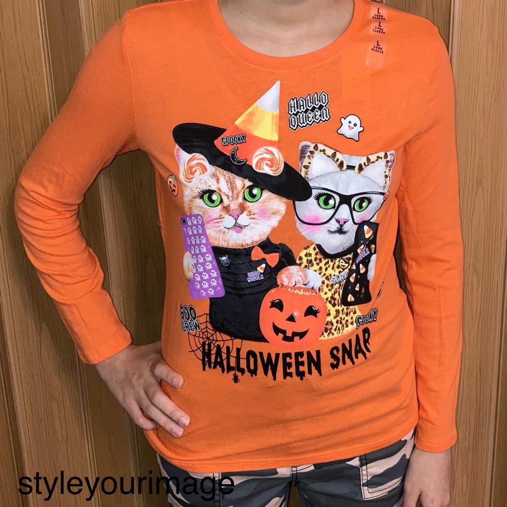 Halloween, Pumpkin, Cat Long Sleeve Tee-Shirt - Size: 10-12 Large